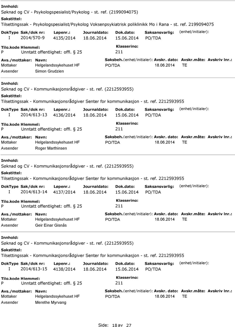 06.2014 Avs./mottaker: Navn: Saksbeh. Avskr. dato: Avskr.måte: Avskriv lnr.: TE Avsender Geir Einar Gisnås nnhold: 2014/613-15 4138/2014 15.06.2014 Avs./mottaker: Navn: Saksbeh. Avskr. dato: Avskr.måte: Avskriv lnr.: TE Avsender Merethe Myrvang Side: 18 av 27