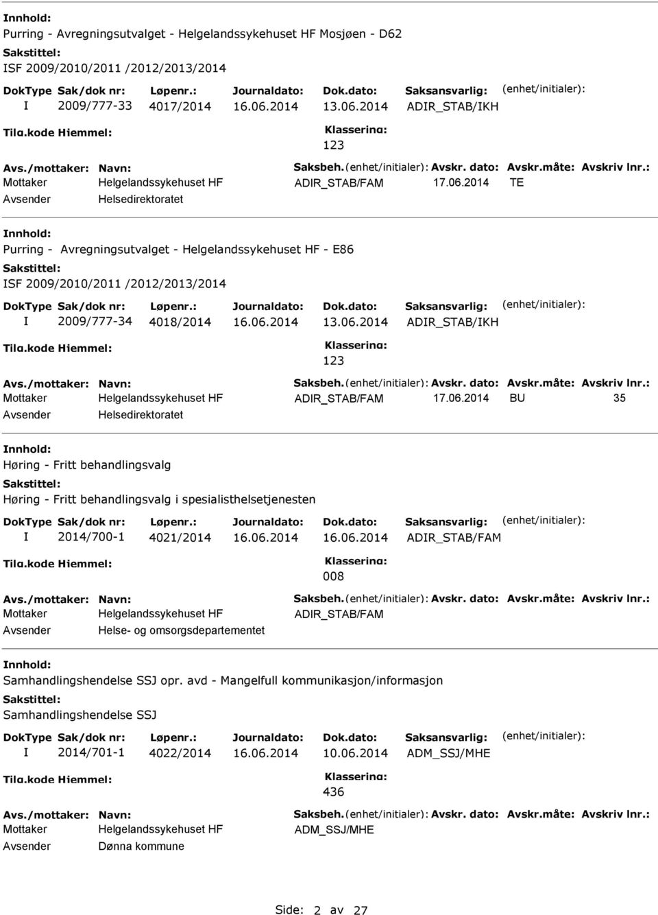 : ADR_STAB/FAM TE Avsender Helsedirektoratet nnhold: urring - Avregningsutvalget - Helgelandssykehuset HF - E86 SF 2009/2010/2011 /2012/2013/2014 2009/777-34 4018/2014 13.06.2014 ADR_STAB/KH 123 Avs.