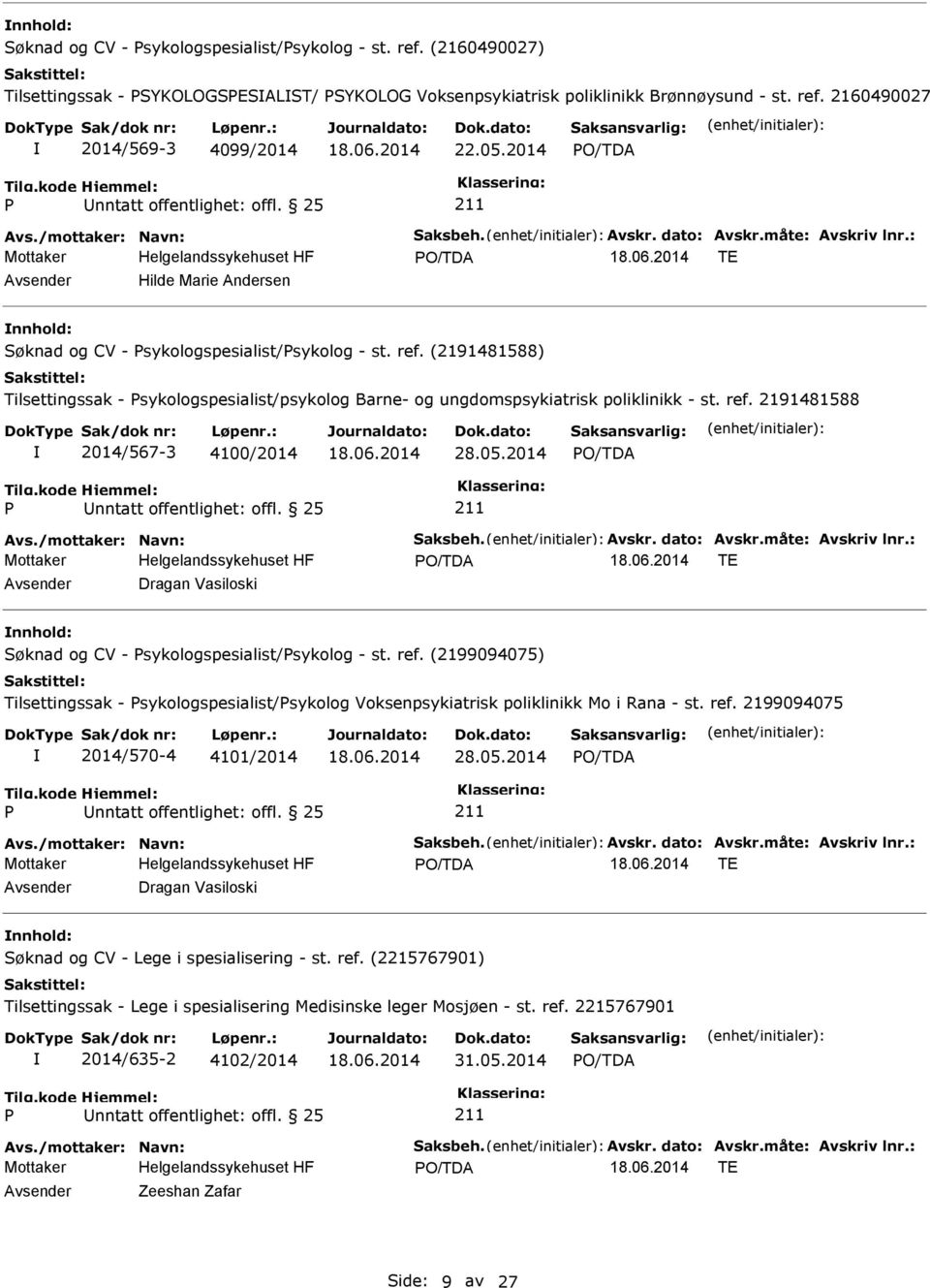 (2191481588) Tilsettingssak - sykologspesialist/psykolog Barne- og ungdomspsykiatrisk poliklinikk - st. ref. 2191481588 2014/567-3 4100/2014 28.05.2014 Avs./mottaker: Navn: Saksbeh. Avskr.