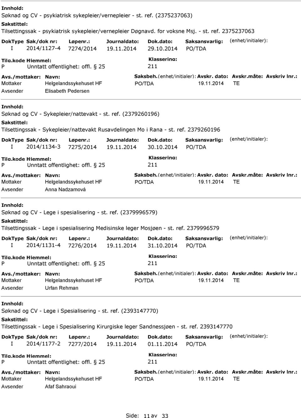 (2379260196) Tilsettingssak - Sykepleier/nattevakt Rusavdelingen Mo i Rana - st. ref. 2379260196 2014/1134-3 7275/2014 30.10.2014 Avs./mottaker: Navn: Saksbeh. Avskr. dato: Avskr.måte: Avskriv lnr.