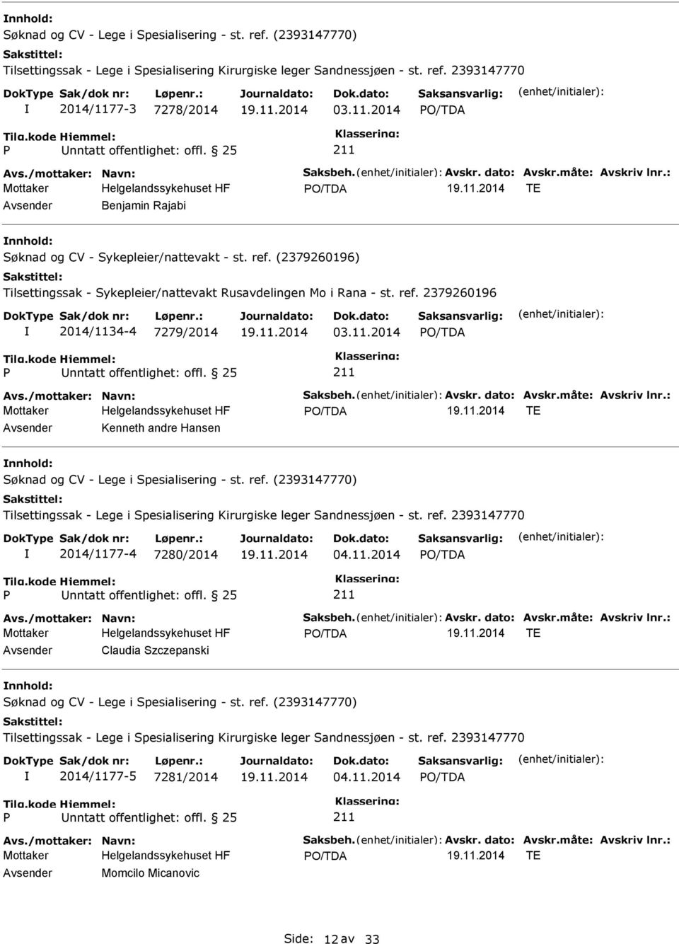 (2379260196) Tilsettingssak - Sykepleier/nattevakt Rusavdelingen Mo i Rana - st. ref. 2379260196 2014/1134-4 7279/2014 03.11.2014 Avs./mottaker: Navn: Saksbeh. Avskr. dato: Avskr.måte: Avskriv lnr.