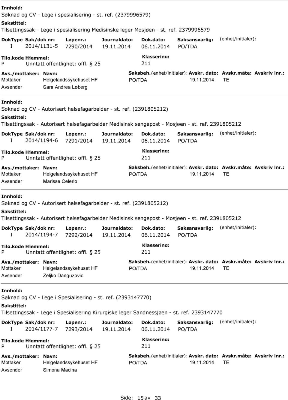 11.2014 Avs./mottaker: Navn: Saksbeh. Avskr. dato: Avskr.måte: Avskriv lnr.: TE Zeljko Danguzovic nnhold: Søknad og CV - Lege i Spesialisering - st. ref.