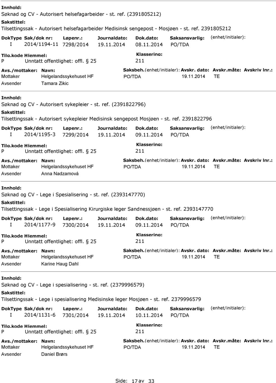 måte: Avskriv lnr.: TE Anna Nadzamová nnhold: Søknad og CV - Lege i Spesialisering - st. ref. (2393147770) Tilsettingssak - Lege i Spesialisering Kirurgiske leger Sandnessjøen - st. ref. 2393147770 2014/1177-9 7300/2014 09.