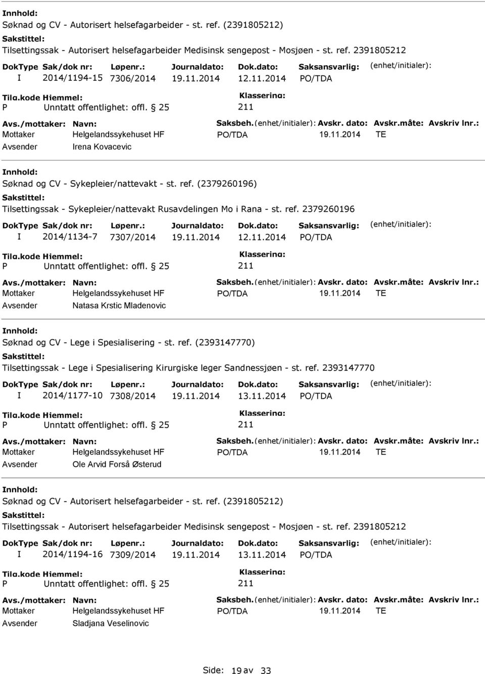 : TE Natasa Krstic Mladenovic nnhold: Søknad og CV - Lege i Spesialisering - st. ref. (2393147770) Tilsettingssak - Lege i Spesialisering Kirurgiske leger Sandnessjøen - st. ref. 2393147770 2014/1177-10 7308/2014 13.