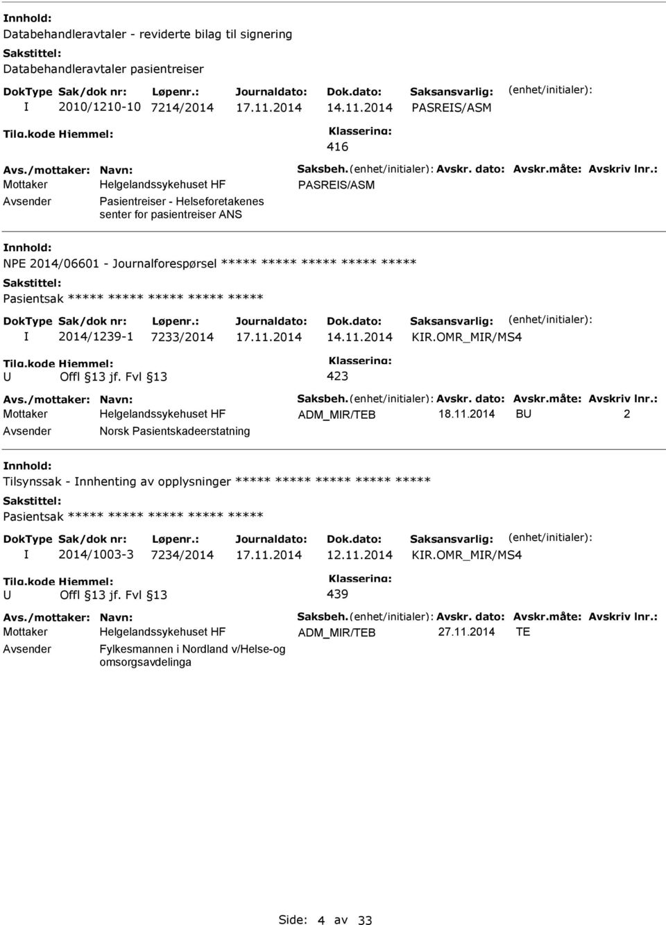 : ASRES/ASM asientreiser - Helseforetakenes senter for pasientreiser ANS nnhold: NE 2014/06601 - Journalforespørsel ***** ***** ***** ***** ***** asientsak ***** ***** ***** ***** ***** 2014/1239-1