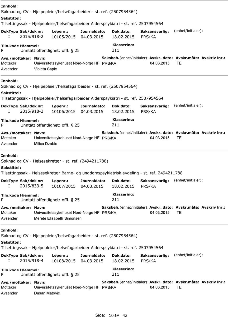 : Mottaker Universitetssykehuset Nord-Norge HF TE Avsender Milica Dzabic nnhold: Søknad og CV - Helsesekretær - st. ref.