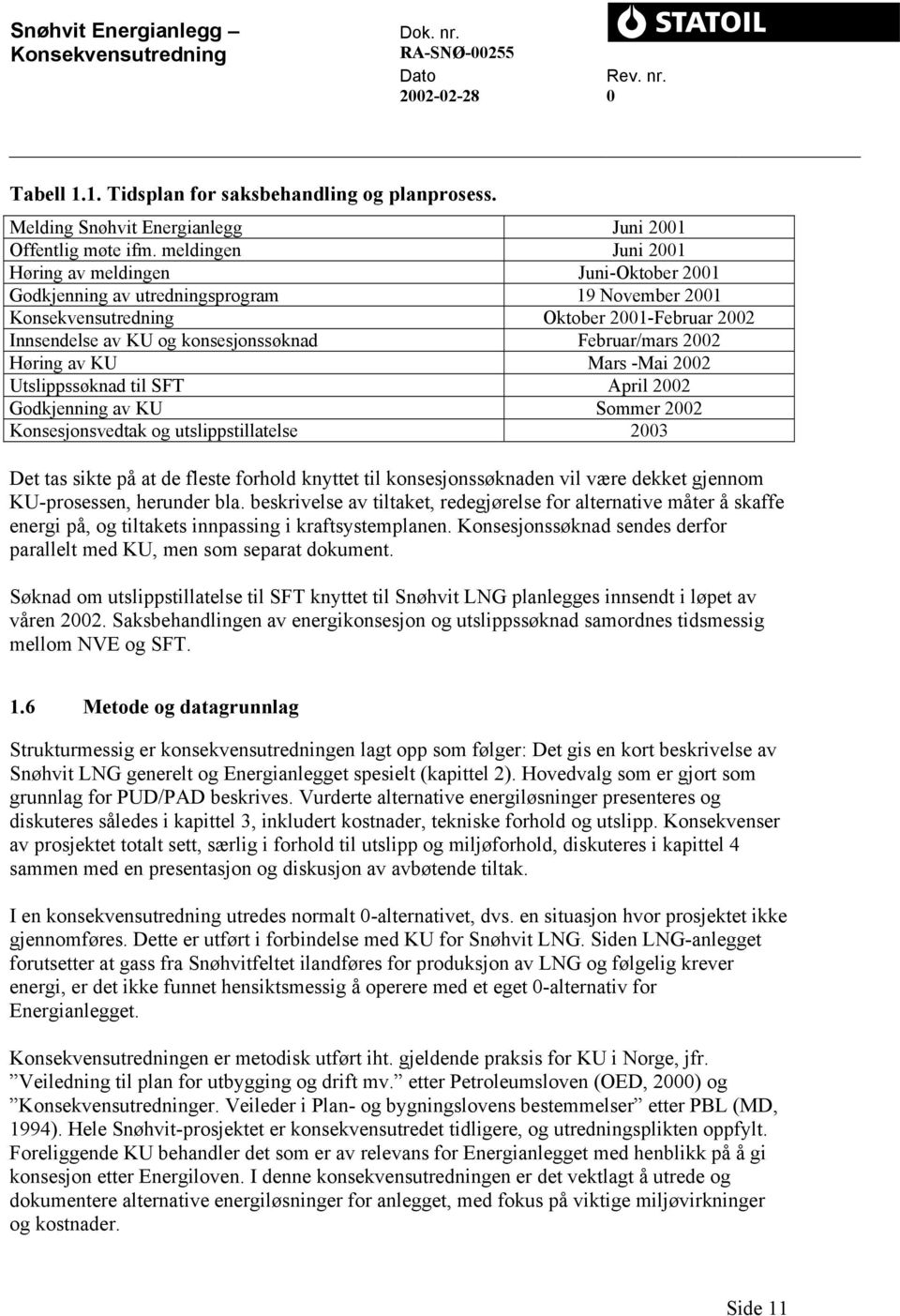 KU Mars -Mai 2002 Utslippssøknad til SFT April 2002 Godkjenning av KU Sommer 2002 Konsesjonsvedtak og utslippstillatelse 2003 Det tas sikte på at de fleste forhold knyttet til konsesjonssøknaden vil