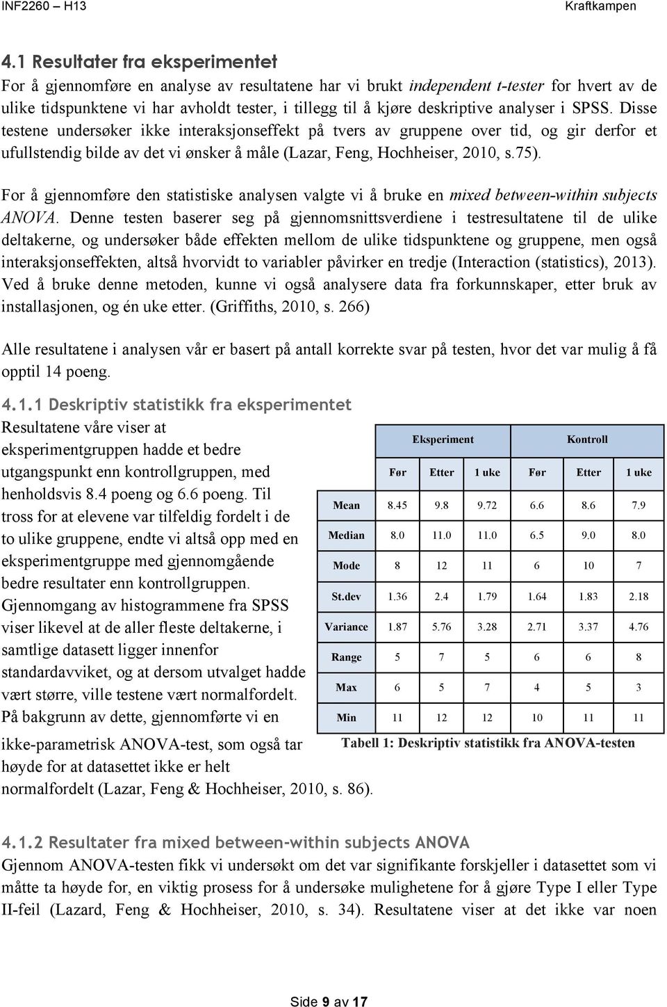 Disse testene undersøker ikke interaksjonseffekt på tvers av gruppene over tid, og gir derfor et ufullstendig bilde av det vi ønsker å måle (Lazar, Feng, Hochheiser, 2010, s.75).