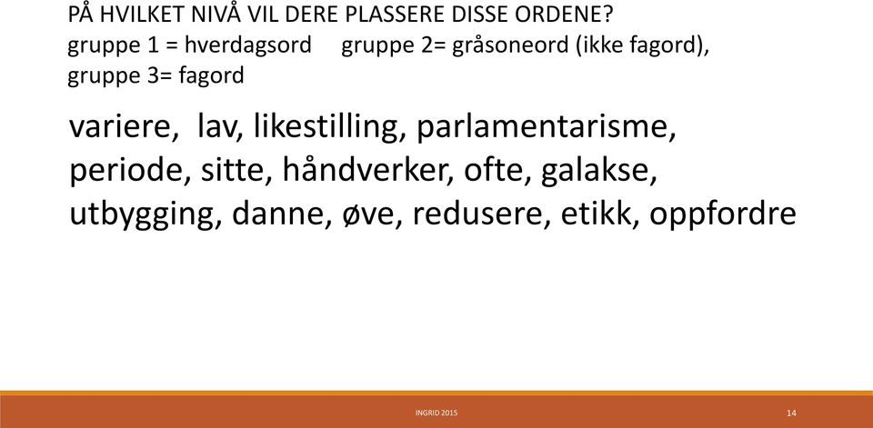 fagord variere, lav, likestilling, parlamentarisme, periode, sitte,