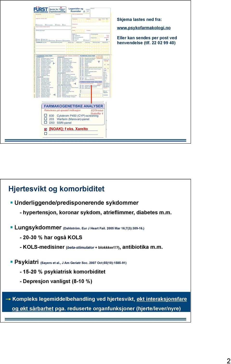 Eur J Heart Fail. 2005 Mar 16;7(3):309-16.) - 20-30 % har også KOLS - KOLS-medisiner (beta-stimulator + blokkker!!?), antibiotika m.m. Psykiatri (Sayers et al.