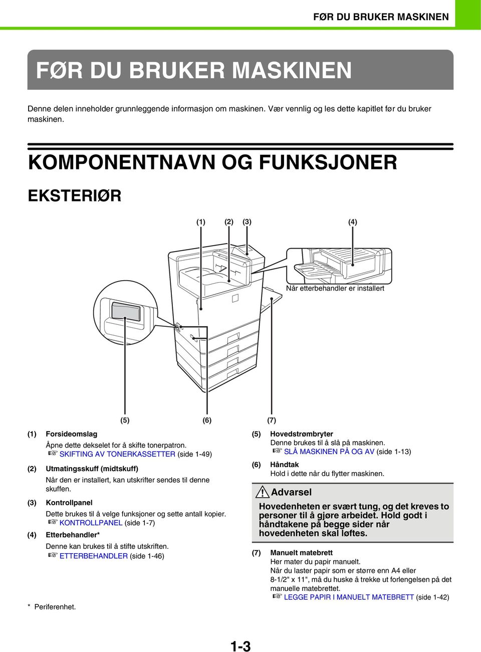 SKIFTING AV TONERKASSETTER (side 1-49) (2) Utmatingsskuff (midtskuff) Når den er installert, kan utskrifter sendes til denne skuffen.