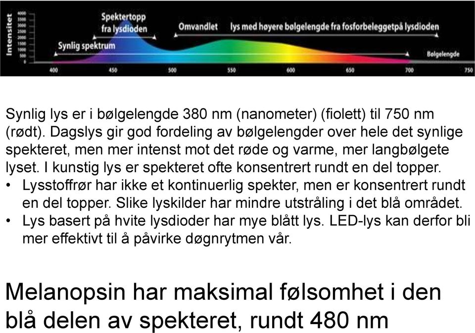 I kunstig lys er spekteret ofte konsentrert rundt en del topper. Lysstoffrør har ikke et kontinuerlig spekter, men er konsentrert rundt en del topper.