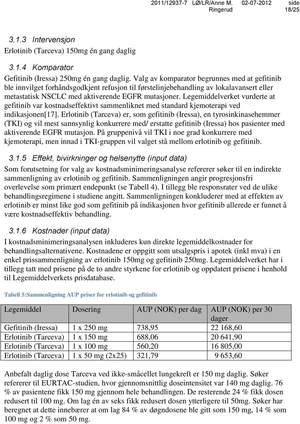 Legemiddelverket vurderte at gefitinib var kostnadseffektivt sammenliknet med standard kjemoterapi ved indikasjonen[17].