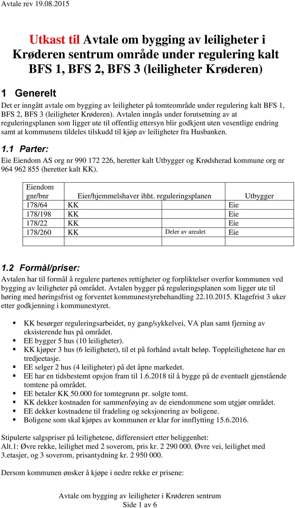 Avtalen inngås under forutsetning av at reguleringsplanen som ligger ute til offentlig ettersyn blir godkjent uten vesentlige endring samt at kommunens tildeles tilskudd til kjøp av leiligheter fra