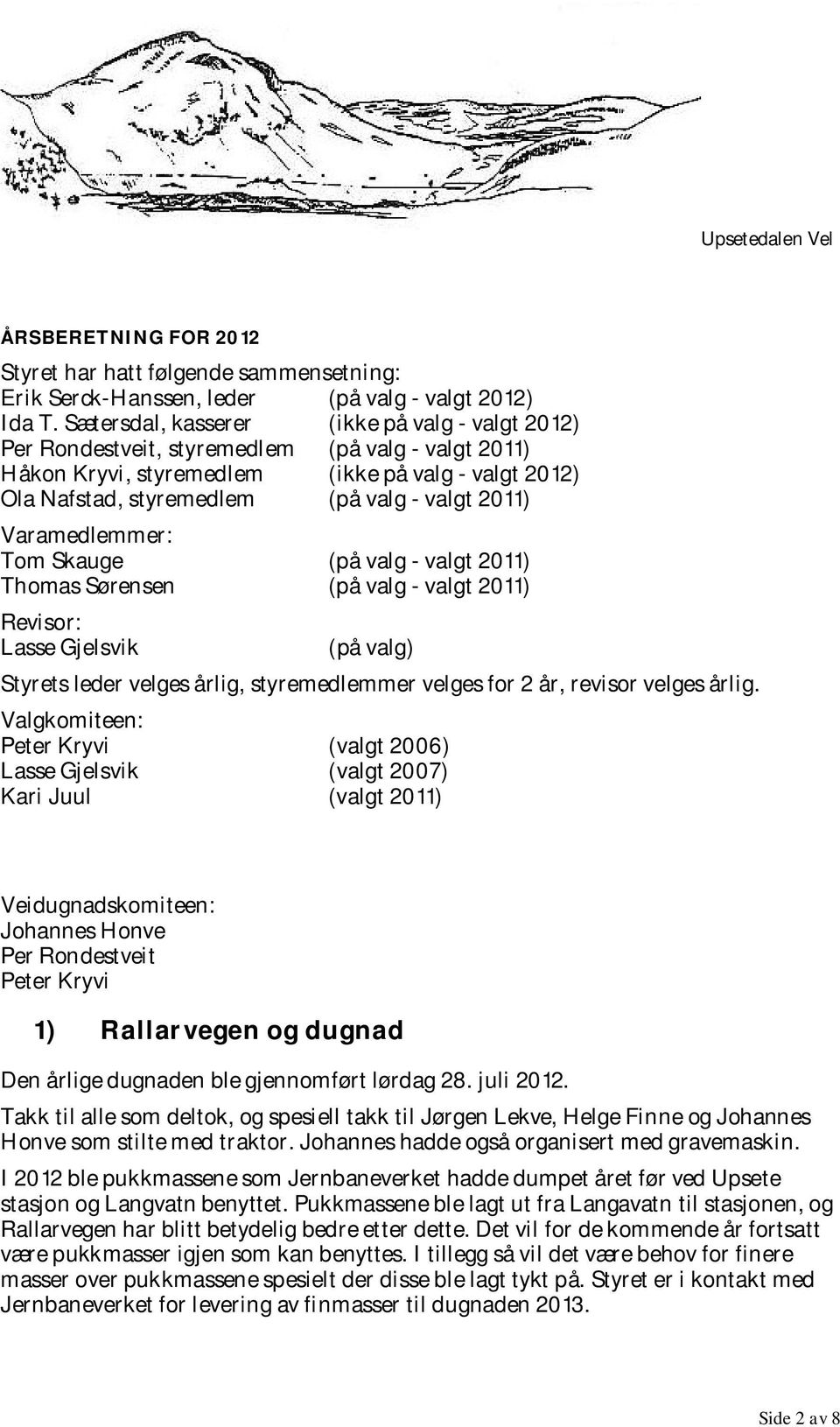 2011) Varamedlemmer: Tom Skauge (på valg - valgt 2011) Thomas Sørensen (på valg - valgt 2011) Revisor: Lasse Gjelsvik (på valg) Styrets leder velges årlig, styremedlemmer velges for 2 år, revisor