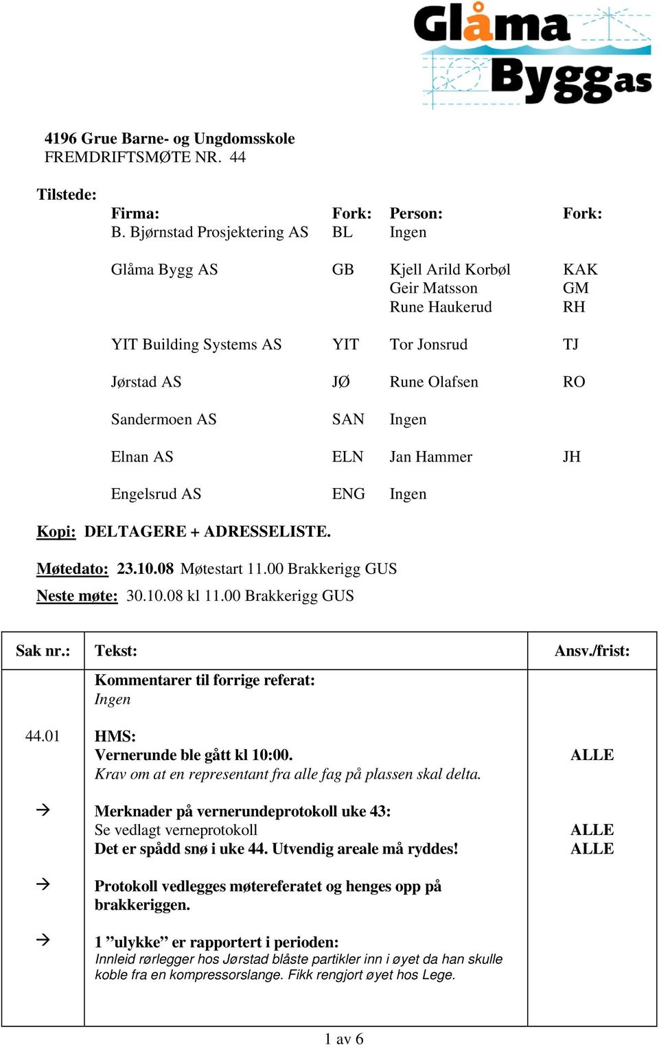 Elnan AS ELN Jan Hammer JH Engelsrud AS ENG Ingen Kopi: DELTAGERE + ADRESSELISTE. Møtedato: 23.10.08 Møtestart 11.00 Brakkerigg GUS Neste møte: 30.10.08 kl 11.00 Brakkerigg GUS Sak nr.: Tekst: Ansv.