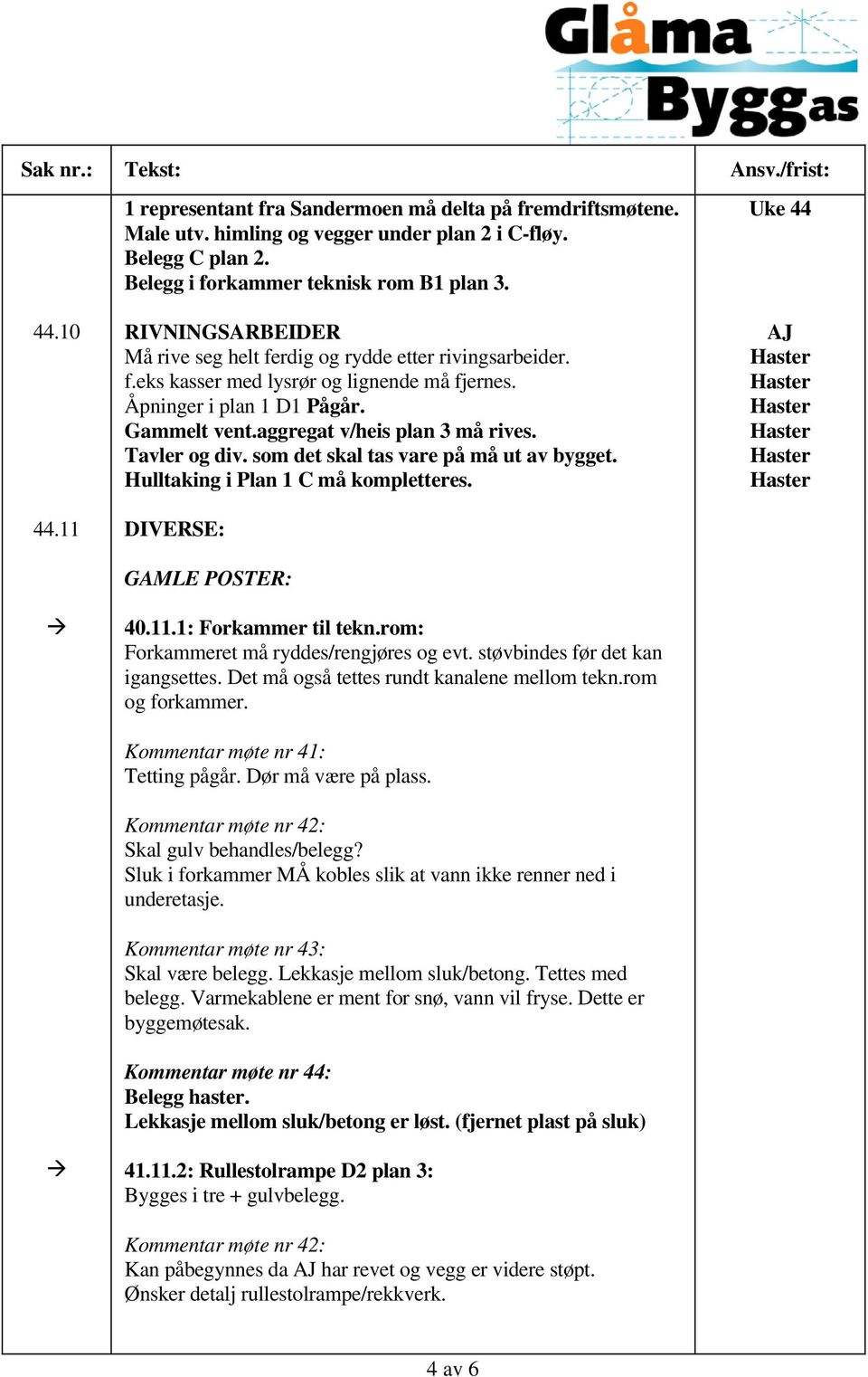 Tavler og div. som det skal tas vare på må ut av bygget. Hulltaking i Plan 1 C må kompletteres. DIVERSE: GAMLE POSTER: 40.11.1: Forkammer til tekn.rom: Forkammeret må ryddes/rengjøres og evt.