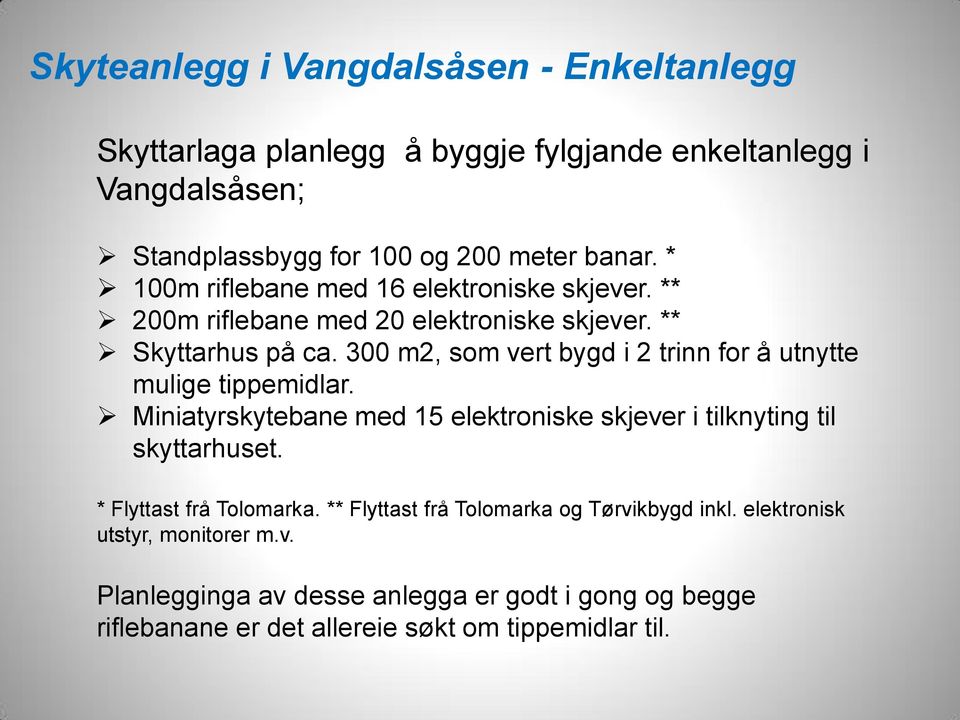 300 m2, som vert bygd i 2 trinn for å utnytte mulige tippemidlar. Miniatyrskytebane med 15 elektroniske skjever i tilknyting til skyttarhuset.