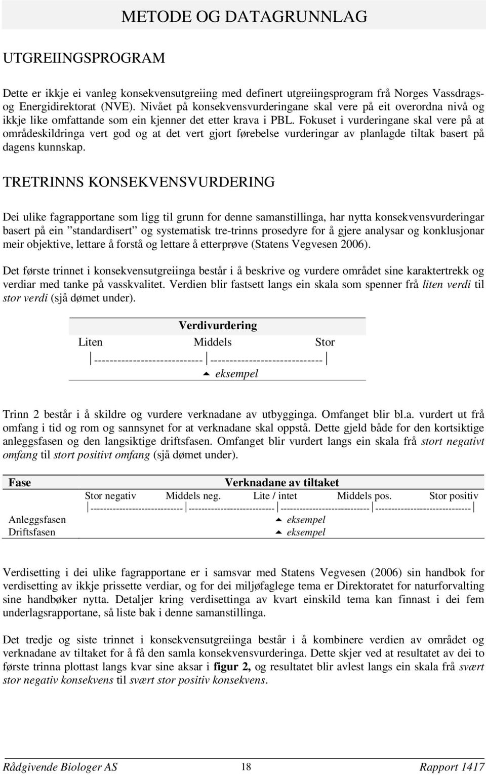 Fokuset i vurderingane skal vere på at områdeskildringa vert god og at det vert gjort førebelse vurderingar av planlagde tiltak basert på dagens kunnskap.