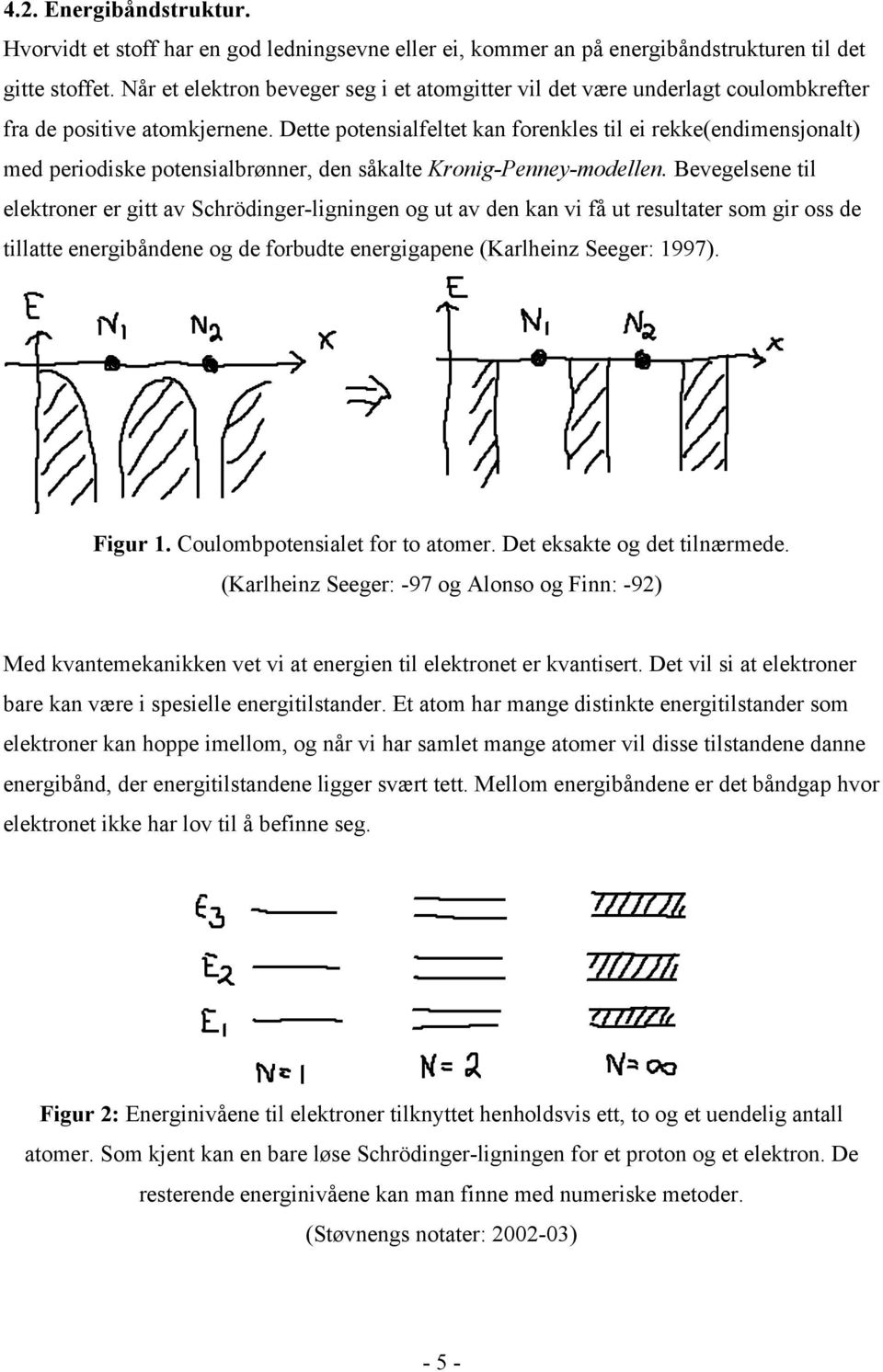 Dette potensialfeltet kan forenkles til ei rekke(endimensjonalt) med periodiske potensialbrønner, den såkalte Kronig-Penney-modellen.