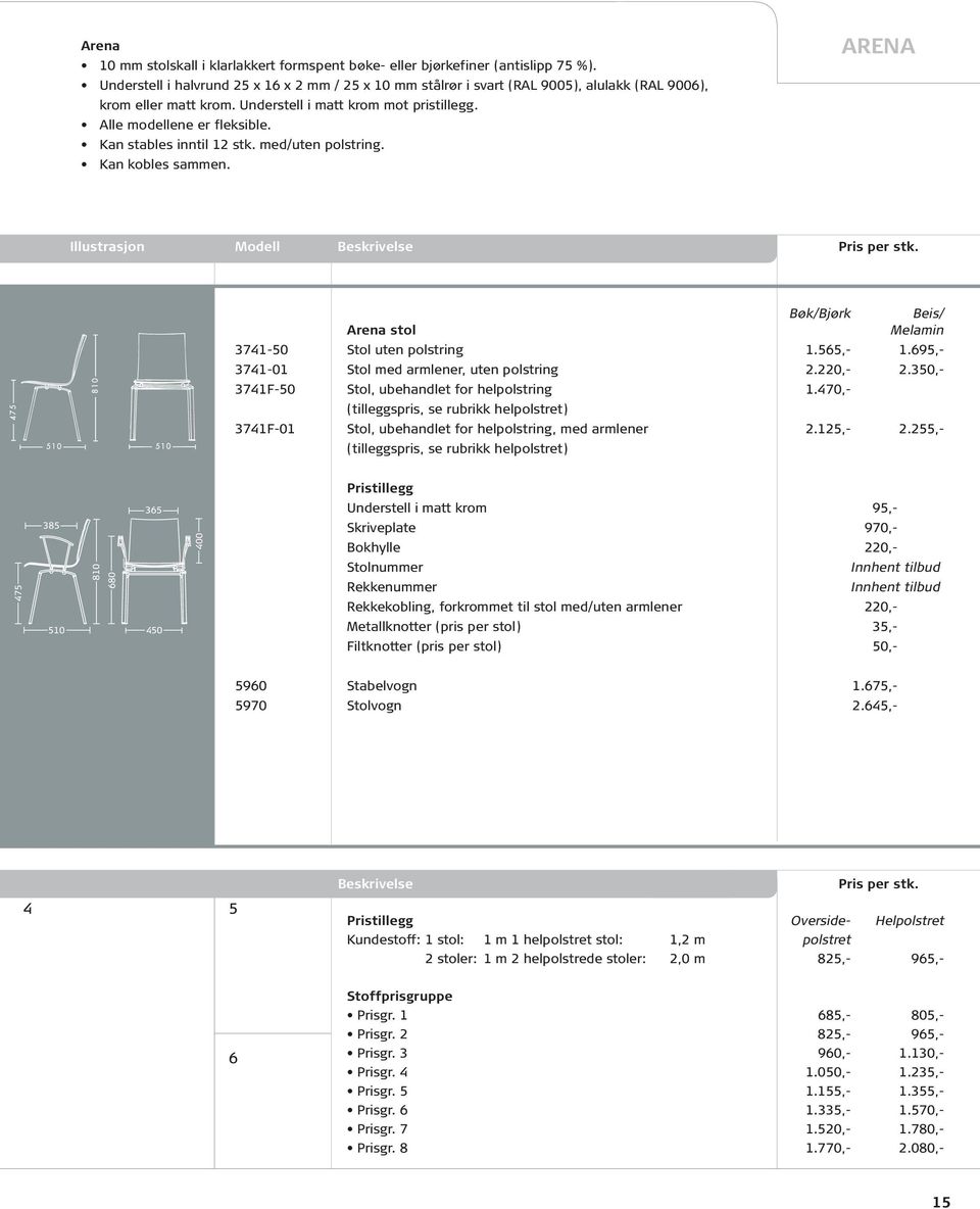 Kan stables inntil 12 stk. med/uten polstring. Kan kobles sammen. ARENA Illustrasjon Modell Beskrivelse Pris per stk. Bøk/Bjørk Beis/ Arena stol Melamin 3741-50 Stol uten polstring 1.565,- 1.
