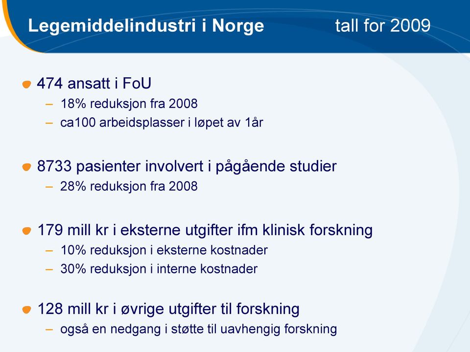 179 mill kr i eksterne utgifter ifm klinisk forskning 10% reduksjon i eksterne kostnader 30%