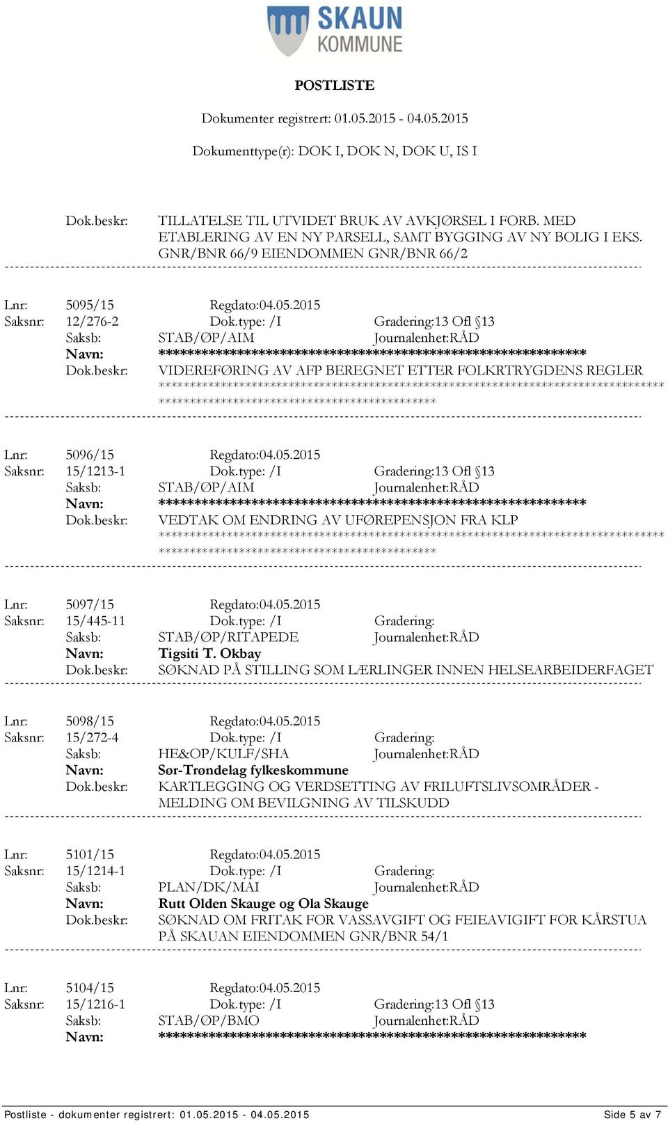 type: /I Gradering:13 Ofl 13 *************** VEDTAK OM ENDRING AV UFØREPENSJON FRA KLP Lnr: 5097/15 Regdato:04.05.2015 Saksnr: 15/445-11 Dok.