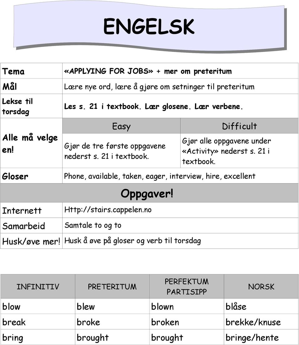 Lær verbene. Easy Gjør de tre første oppgavene nederst s. 21 i textbook. Difficult Gjør alle oppgavene under «Activity» nederst s. 21 i textbook. Phone, available, taken, eager, interview, hire, excellent Oppgaver!