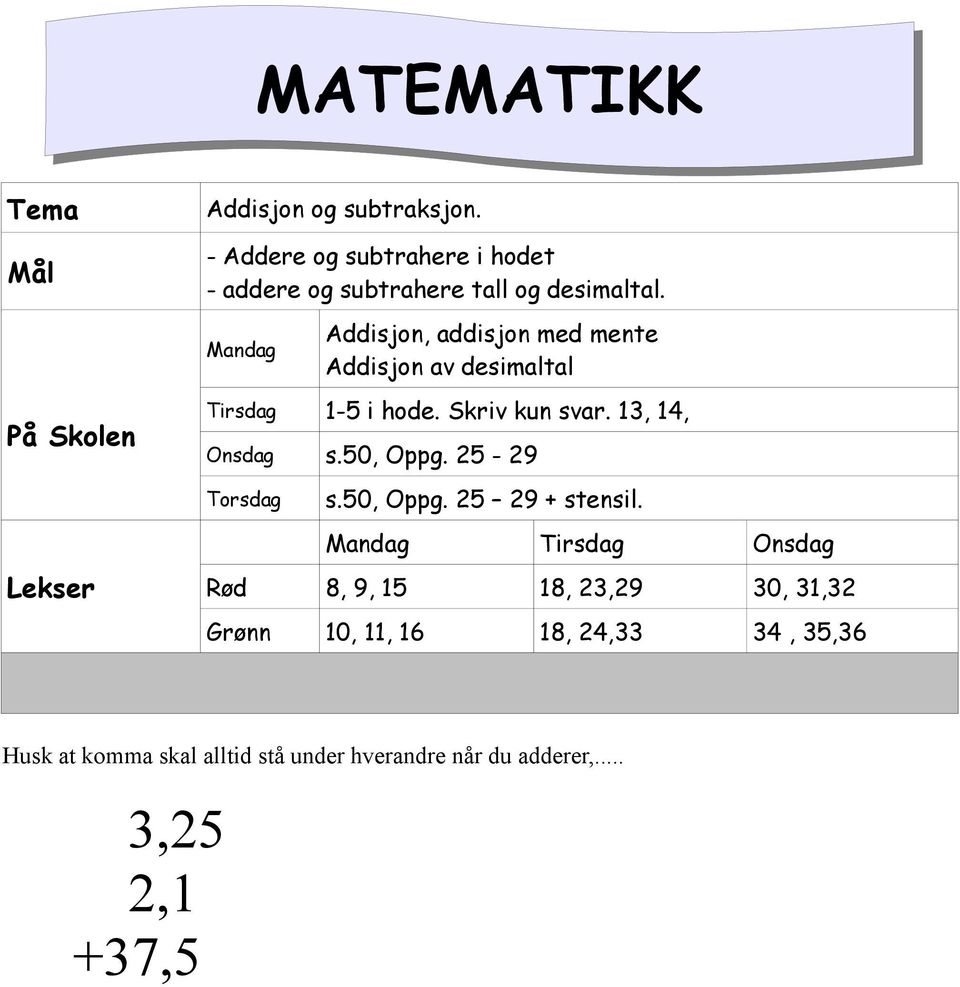 Mandag Addisjon, addisjon med mente Addisjon av desimaltal Tirsdag 1-5 i hode. Skriv kun svar. 13, 14, Onsdag s.