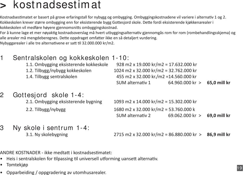 For å kunne lage et mer nøyak g kostnadsoverslag må hvert utbyggingsalterna v gjennomgås rom for rom (rombehandlingsskjema) og alle arealer må mengdeberegnes.