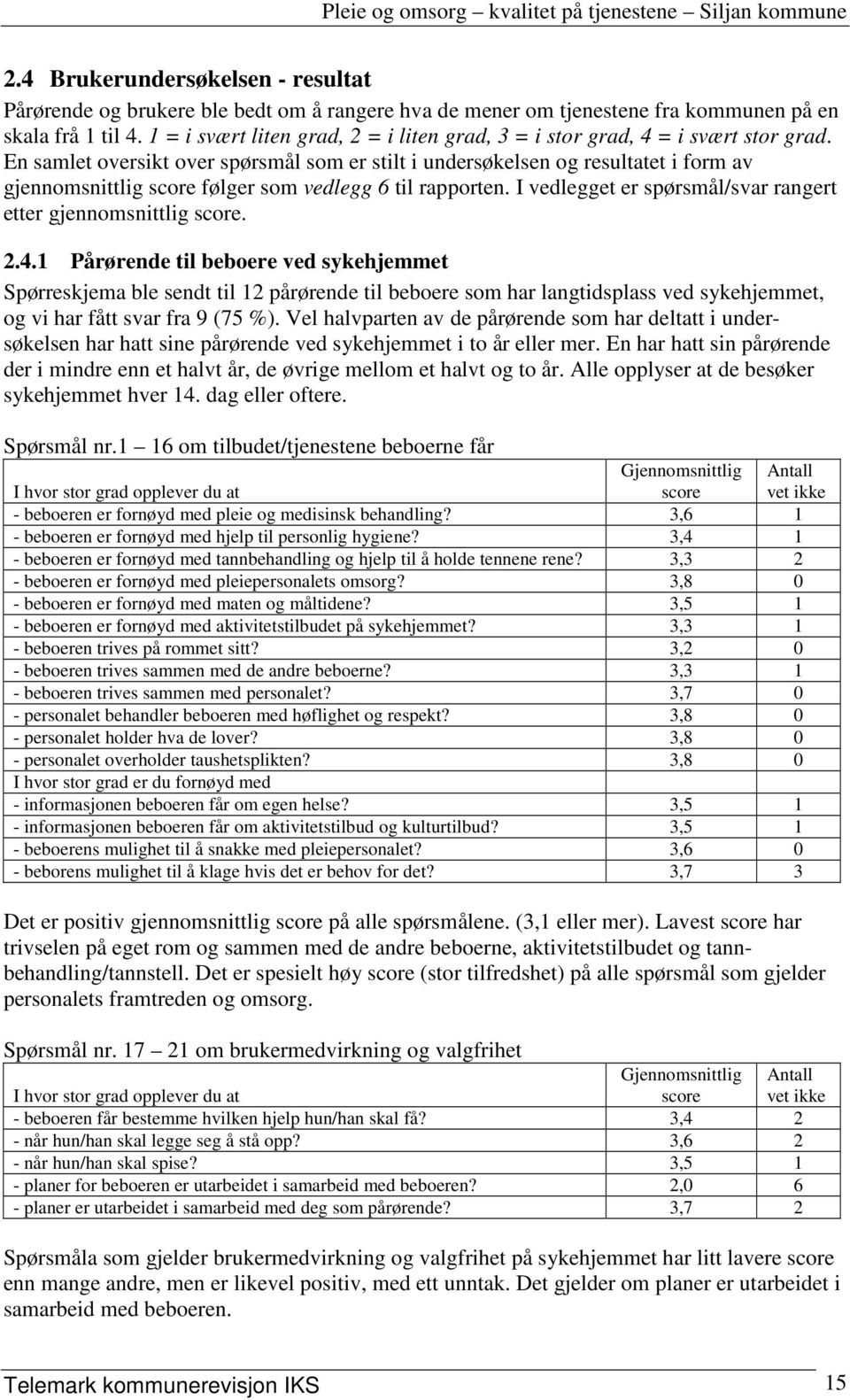 En samlet oversikt over spørsmål som er stilt i undersøkelsen og resultatet i form av gjennomsnittlig score følger som vedlegg 6 til rapporten.