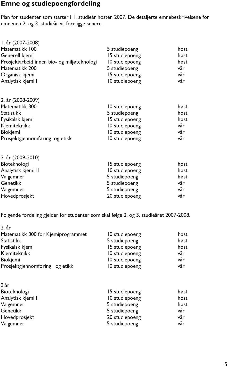 år (2007-2008) Matematikk 100 5 studiepoeng høst Generell kjemi 15 studiepoeng høst Prosjektarbeid innen bio- og miljøteknologi 10 studiepoeng høst Matematikk 200 5 studiepoeng vår Organisk kjemi 15