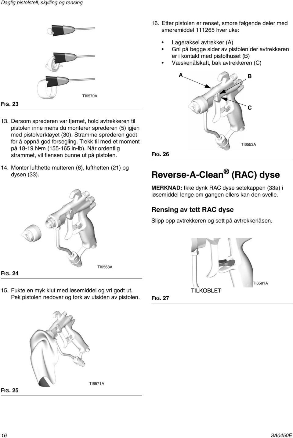 bak avtrekkeren (C) A B FIG. 23 TI6570A C 13. Dersom sprederen var fjernet, hold avtrekkeren til pistolen inne mens du monterer sprederen (5) igjen med pistolverktøyet (30).