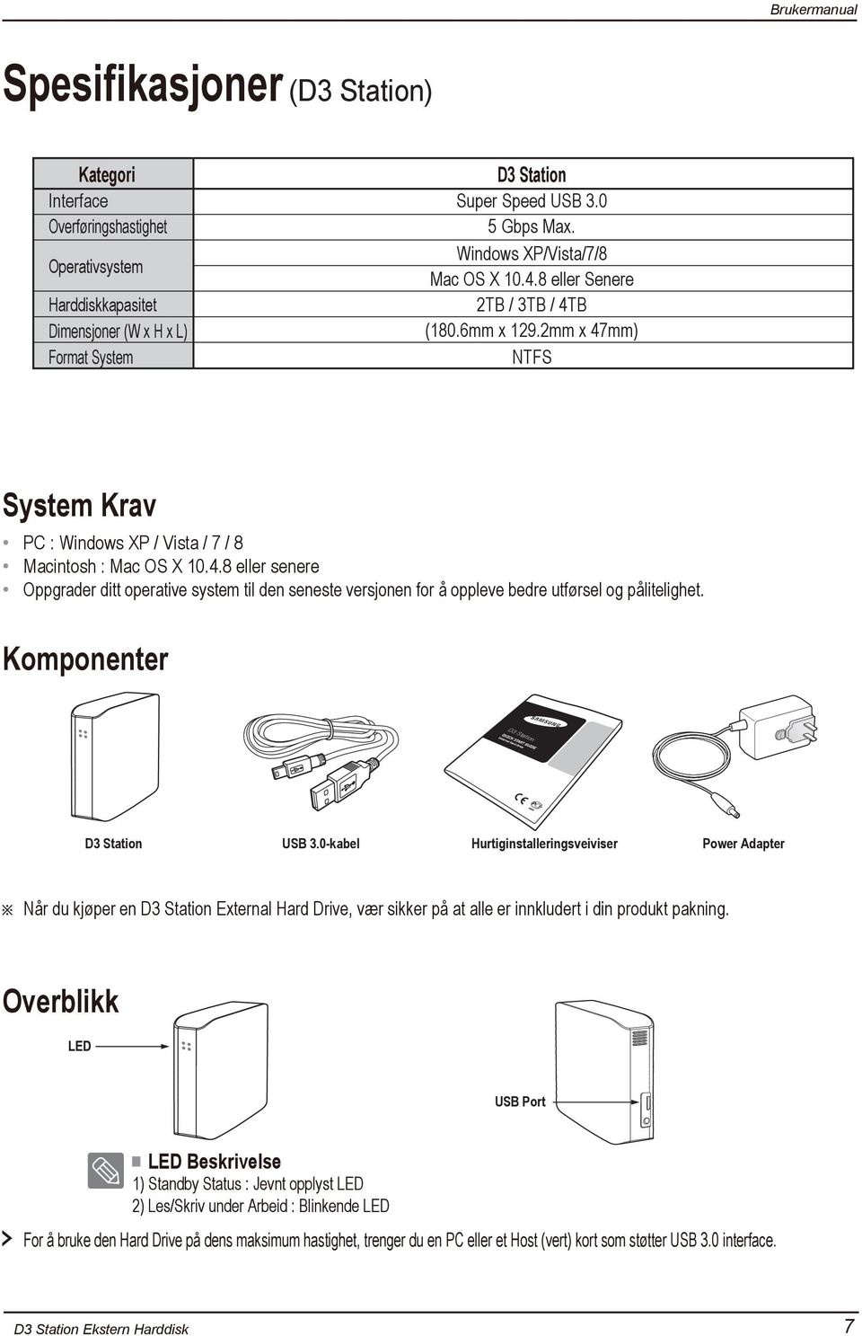 Komponenter D3 Sta tion D3 Station USB 3.0-kabel Hurtiginstalleringsveiviser Power Adapter Når du kjøper en D3 Station External Hard Drive, vær sikker på at alle er innkludert i din produkt pakning.