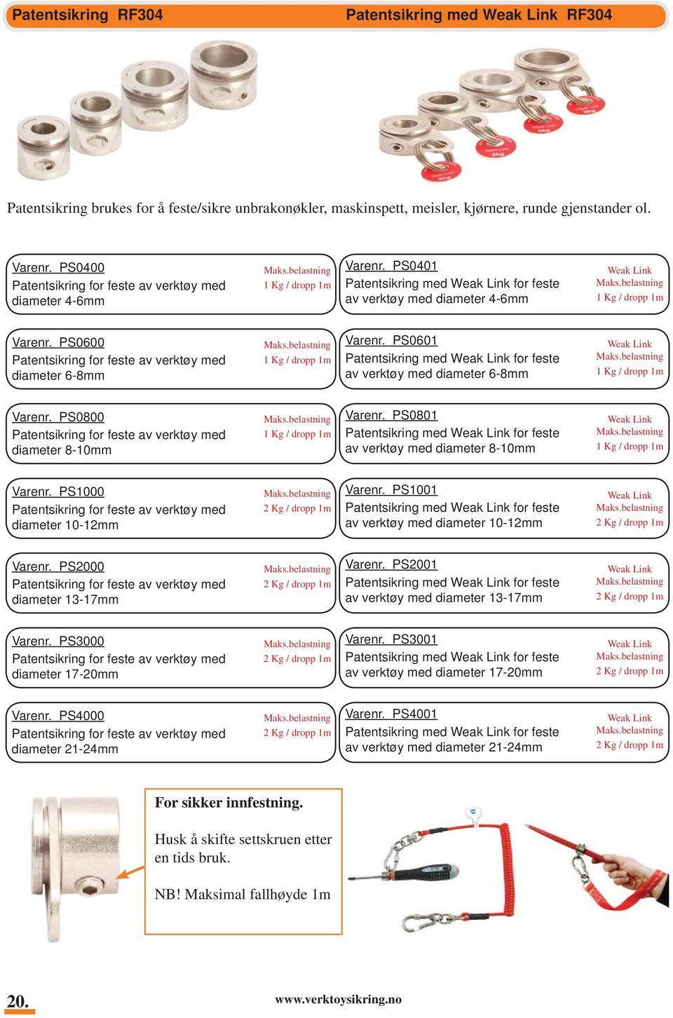 belastning 1 Kg / dropp Varenr. PS0601 Patentsikring med for feste av verktøy med diameter 6-8mm Maks.belastning 1 Kg / dropp Varenr. PS0800 Patentsikring for feste av verktøy med diameter 8-10mm Maks.