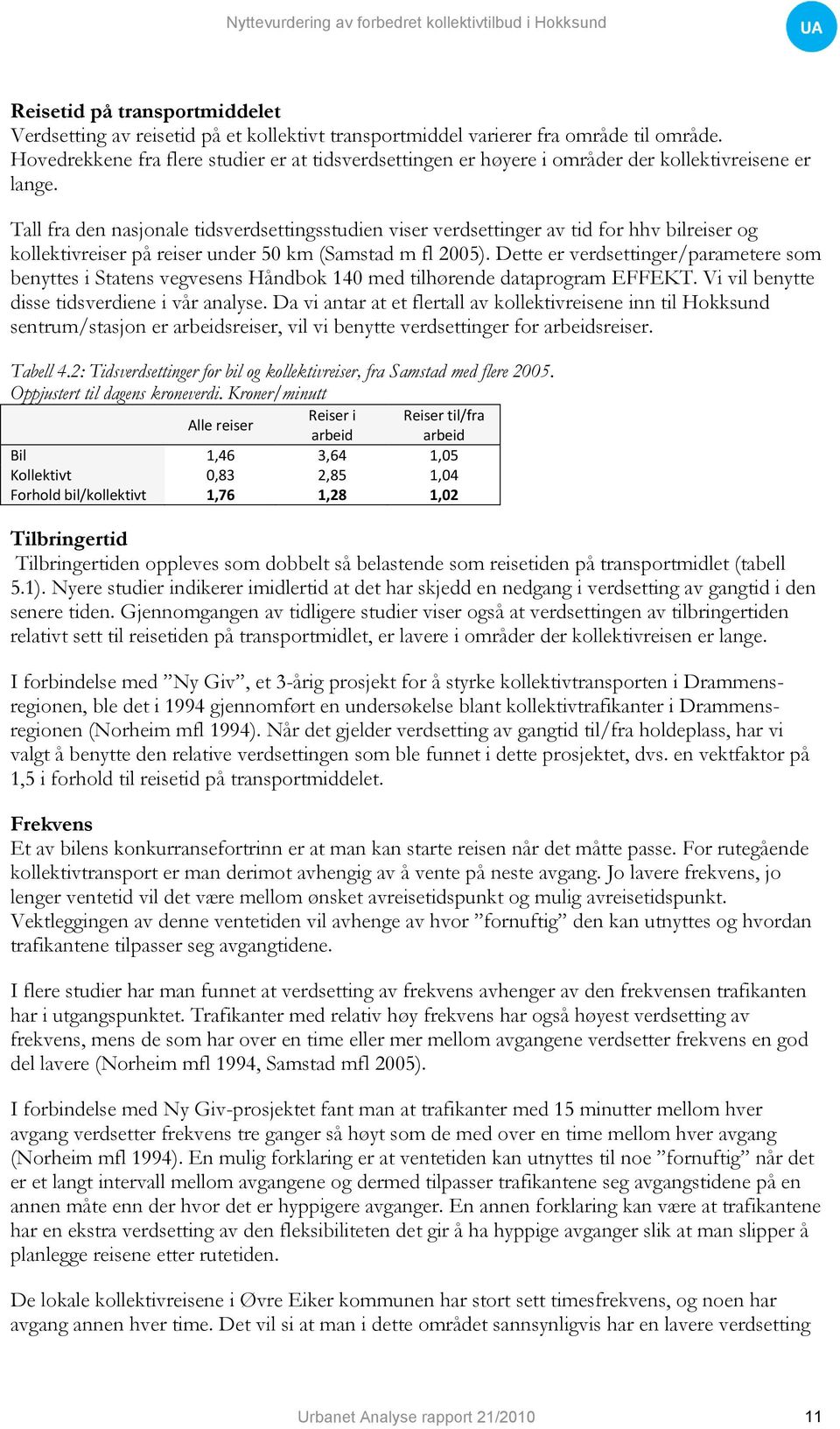 Tall fra den nasjonale tidsverdsettingsstudien viser verdsettinger av tid for hhv bilreiser og kollektivreiser på reiser under 50 km (Samstad m fl 2005).