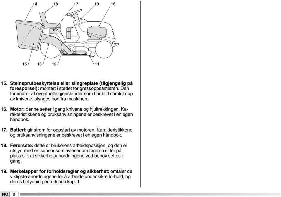 Karakteristikkene og bruksanvisningene er beskrevet i en egen håndbok. 7. Batteri: gir strøm for oppstart av motoren. Karakteristikkene og bruksanvisningene er beskrevet i en egen håndbok. 8.