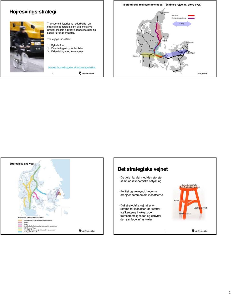 Tre vigtige indsatser: 1. Cykelbokse 2. Orienteringsstop for lastbiler 3. Videndeling med kommuner Strategi for forebyggelse af højresvingsulykker 5. 6.