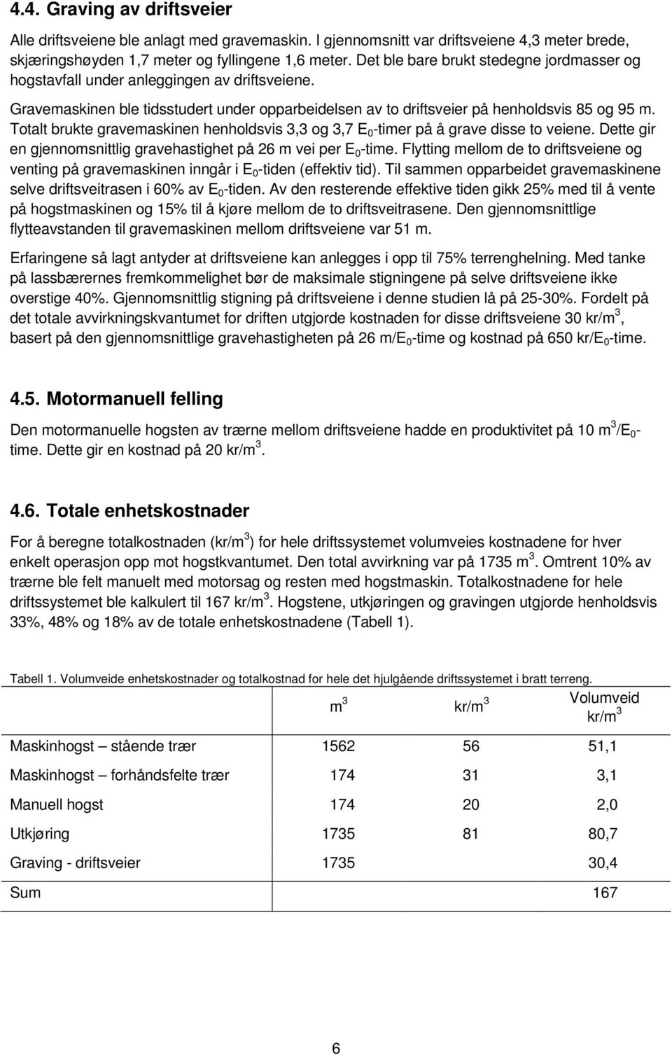 Totalt brukte gravemaskinen henholdsvis 3,3 og 3,7 E 0 -timer på å grave disse to veiene. Dette gir en gjennomsnittlig gravehastighet på 26 m vei per E 0 -time.