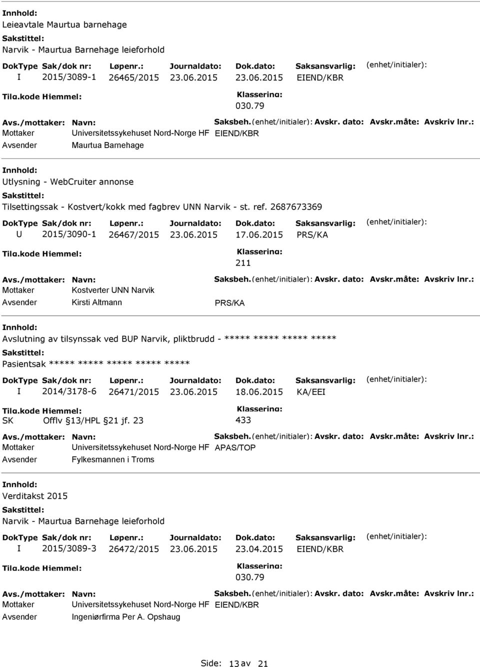 2687673369 2015/3090-1 26467/2015 17.06.2015 Avs./mottaker: Navn: Saksbeh. Avskr. dato: Avskr.måte: Avskriv lnr.