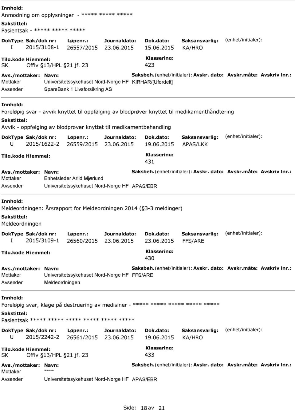 oppfølging av blodprøver knyttet til medikamentbehandling 2015/1622-2 26559/2015 AAS/LKK 431 Avs./mottaker: Navn: Saksbeh. Avskr. dato: Avskr.måte: Avskriv lnr.