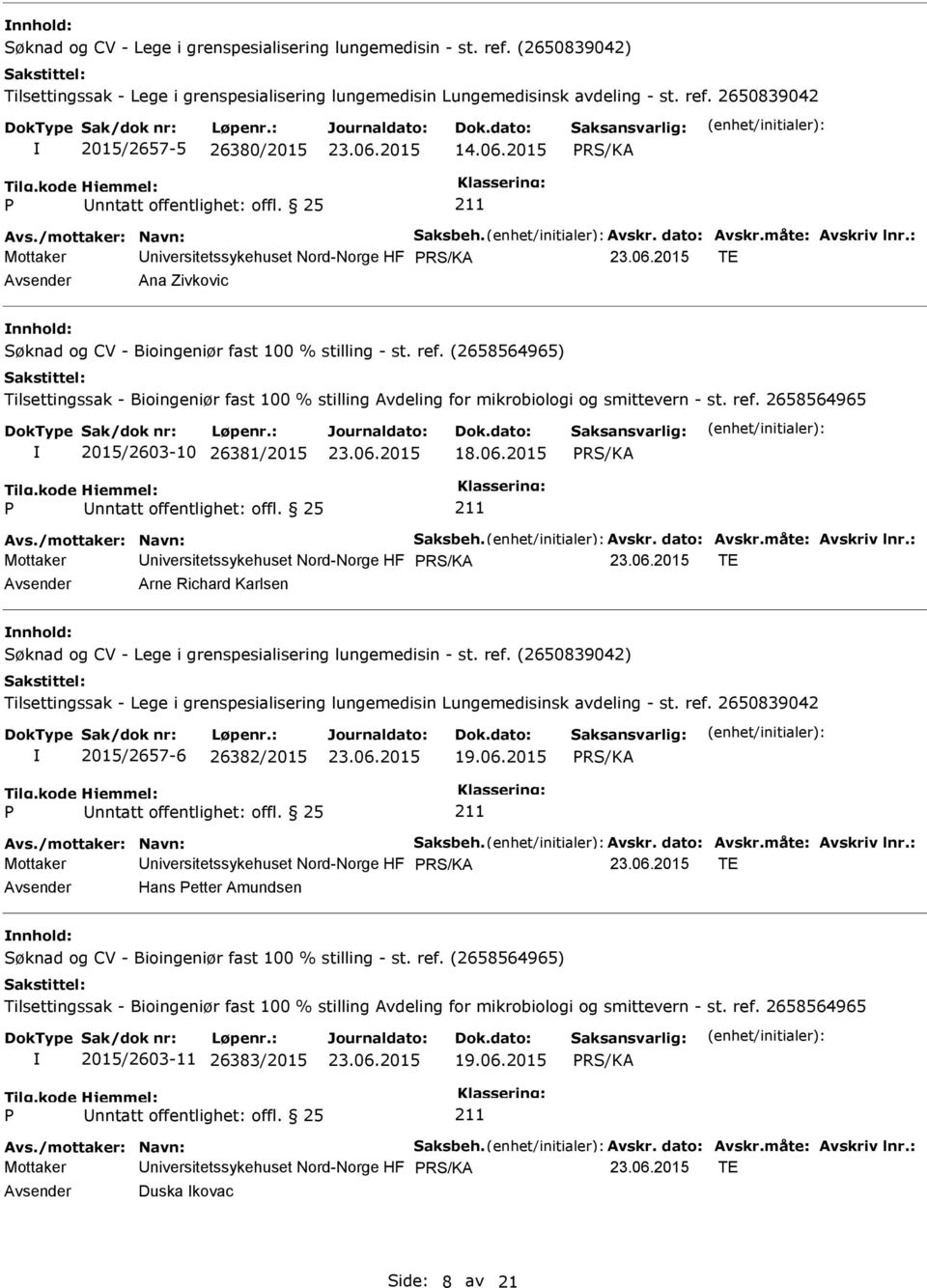 : Mottaker niversitetssykehuset Nord-Norge HF TE Ana Zivkovic 2015/2603-10 26381/2015 18.