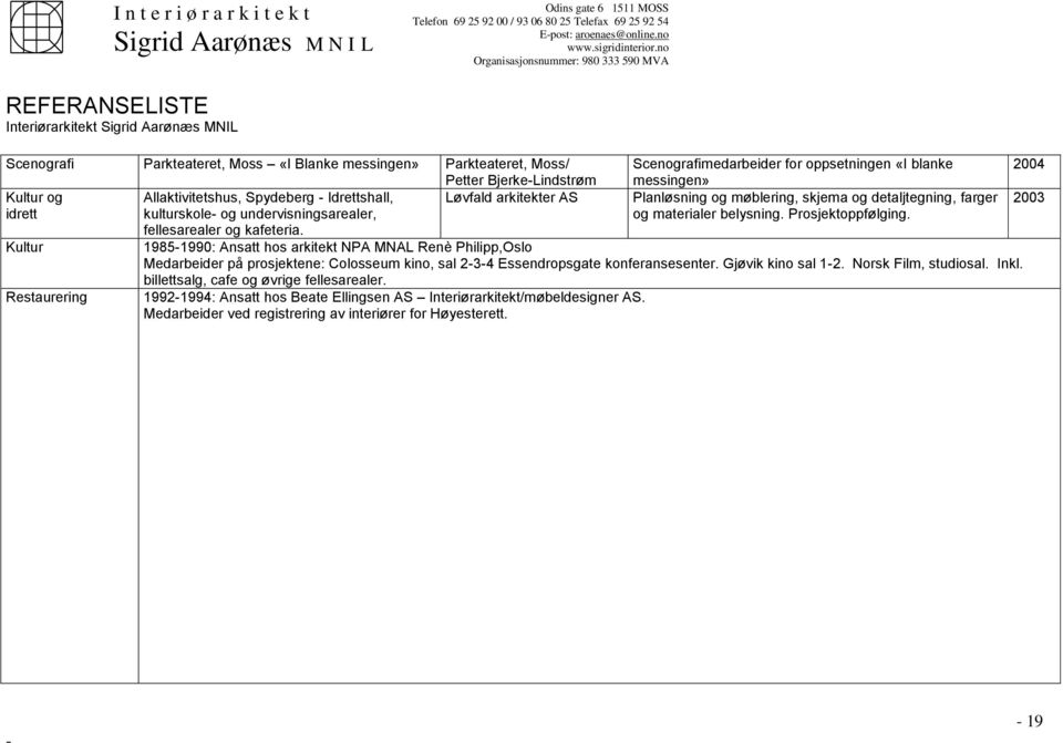 19851990: Ansatt hos arkitekt NPA MNAL Renè Philipp,Oslo Medarbeider på prosjektene: Colosseum kino, sal 234 Essendropsgate konferansesenter. Gjøvik kino sal 12.