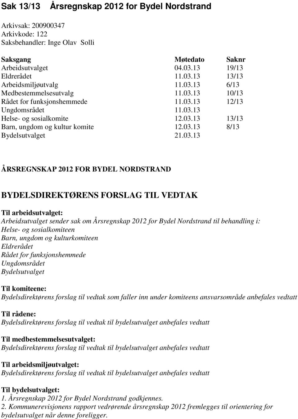 03.13 ÅRSREGNSKAP 2012 FOR BYDEL NORDSTRAND BYDELSDIREKTØRENS FORSLAG TIL VEDTAK Til arbeidsutvalget: Arbeidsutvalget sender sak om Årsregnskap 2012 for Bydel Nordstrand til behandling i: Helse- og