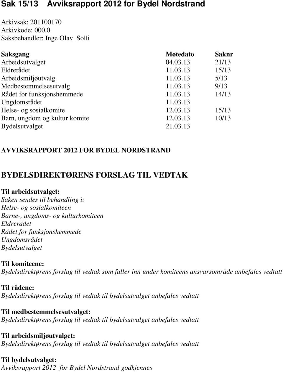 03.13 AVVIKSRAPPORT 2012 FOR BYDEL NORDSTRAND BYDELSDIREKTØRENS FORSLAG TIL VEDTAK Til arbeidsutvalget: Saken sendes til behandling i: Helse- og sosialkomiteen Barne-, ungdoms- og kulturkomiteen