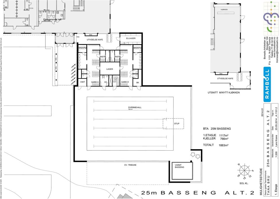 INSTR. LAGER GARD D EL/LAGER EV. TRIBUNE BADSTU BK SVØMMEHALL 783 m² STUP VARMT BASSENG BTA 25M BASSENG 1.ETASJE KJELLER TOTALT 1117m² 766m² 1883m² 25m B A S S E N G A L T.