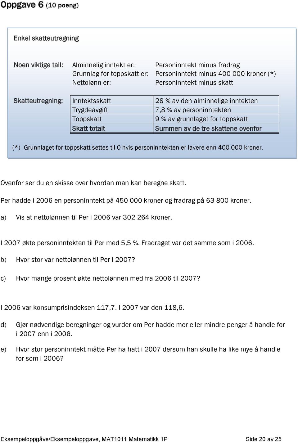 tre skattene ovenfor (*) Grunnlaget for toppskatt settes til 0 hvis personinntekten er lavere enn 400 000 kroner. Ovenfor ser du en skisse over hvordan man kan beregne skatt.