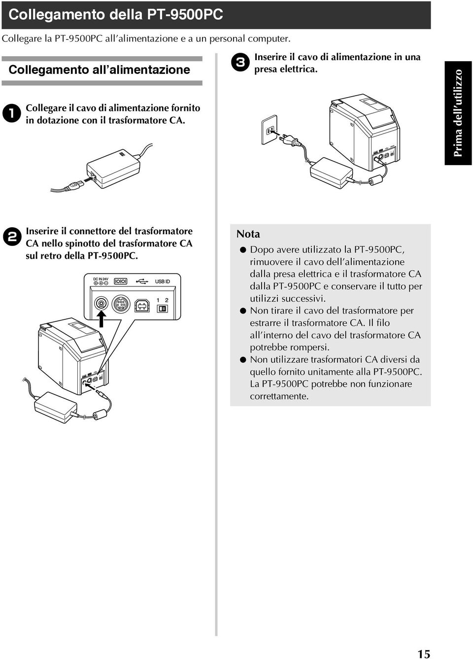 Prima dell utilizzo 2 Inserire il connettore del trasformatore CA nello spinotto del trasformatore CA sul retro della PT-9500PC.