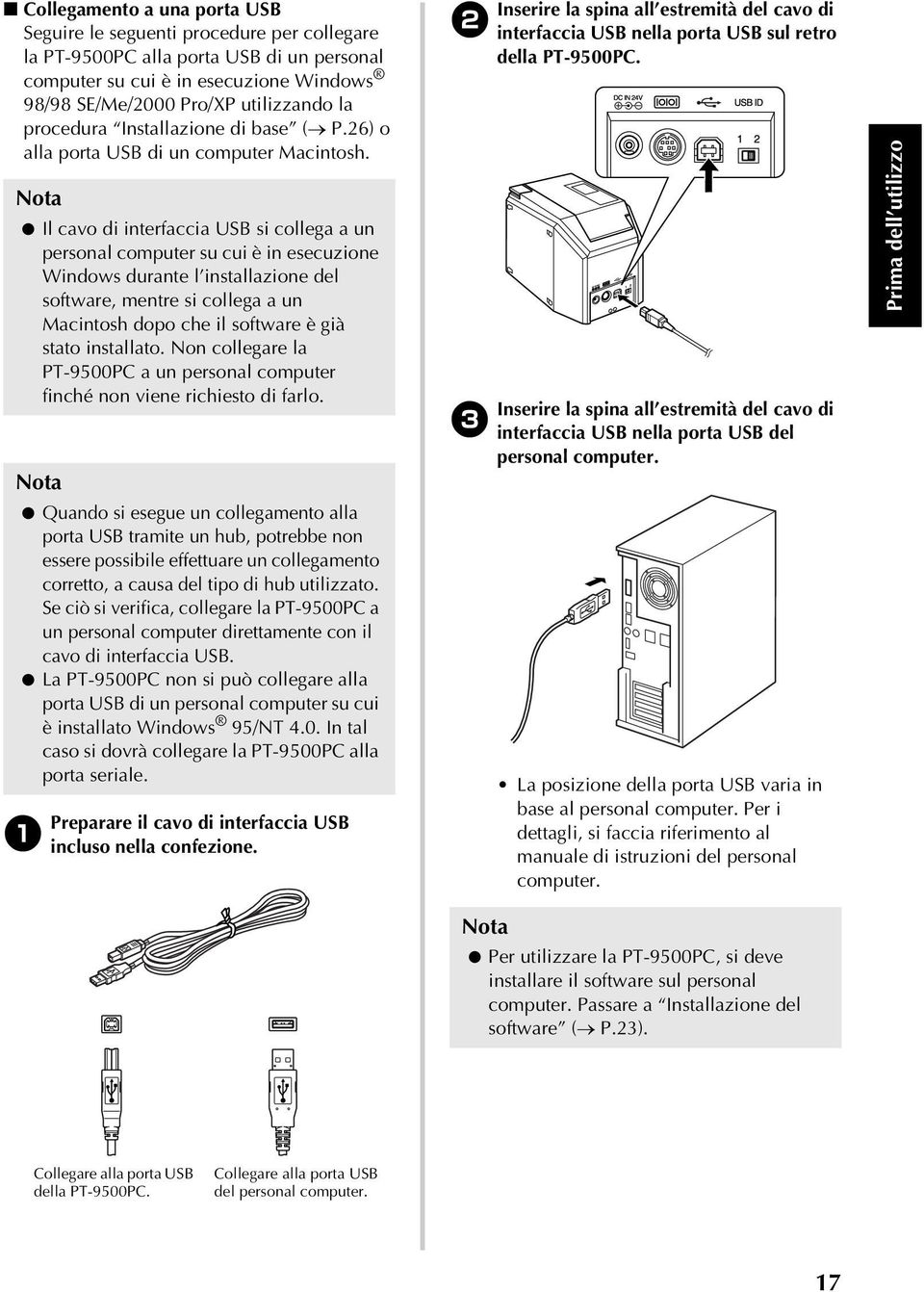 Nota Il cavo di interfaccia USB si collega a un personal computer su cui è in esecuzione Windows durante l installazione del software, mentre si collega a un Macintosh dopo che il software è già