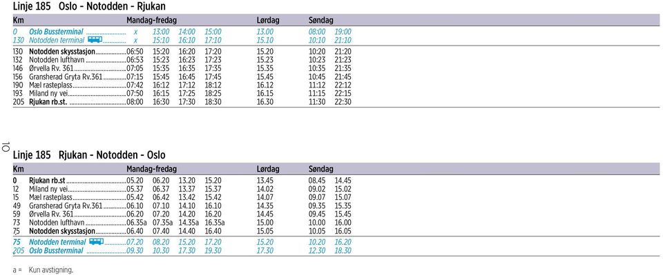 35 10:35 21:35 156 Gransherad Gryta Rv.361...07:15 15:45 16:45 17:45 15.45 10:45 21:45 190 Mæl rasteplass...07:42 16:12 17:12 18:12 16.12 11:12 22:12 193 Miland ny vei...07:50 16:15 17:25 18:25 16.